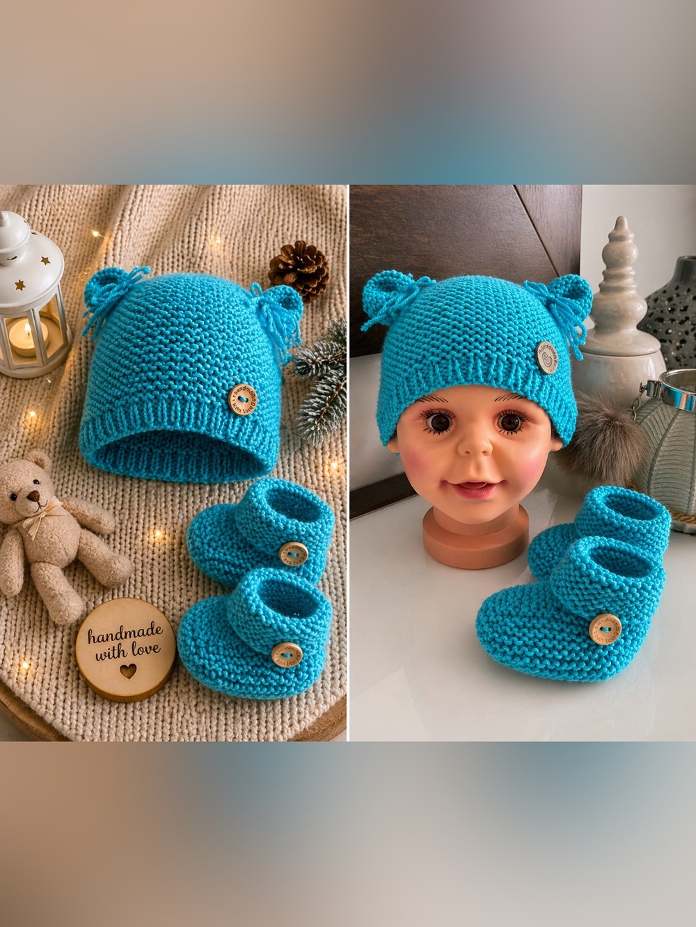 Handknit Baby Beanie & Booties Set in Bright Aqua
